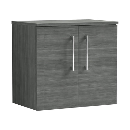 Nuie Arno 600mm Wall Hung 2 Door Vanity & Worktop Contemporary Anthracite Woodgrain MFC Textured Woodgrain 557x605x383mm - JJ Building Materials