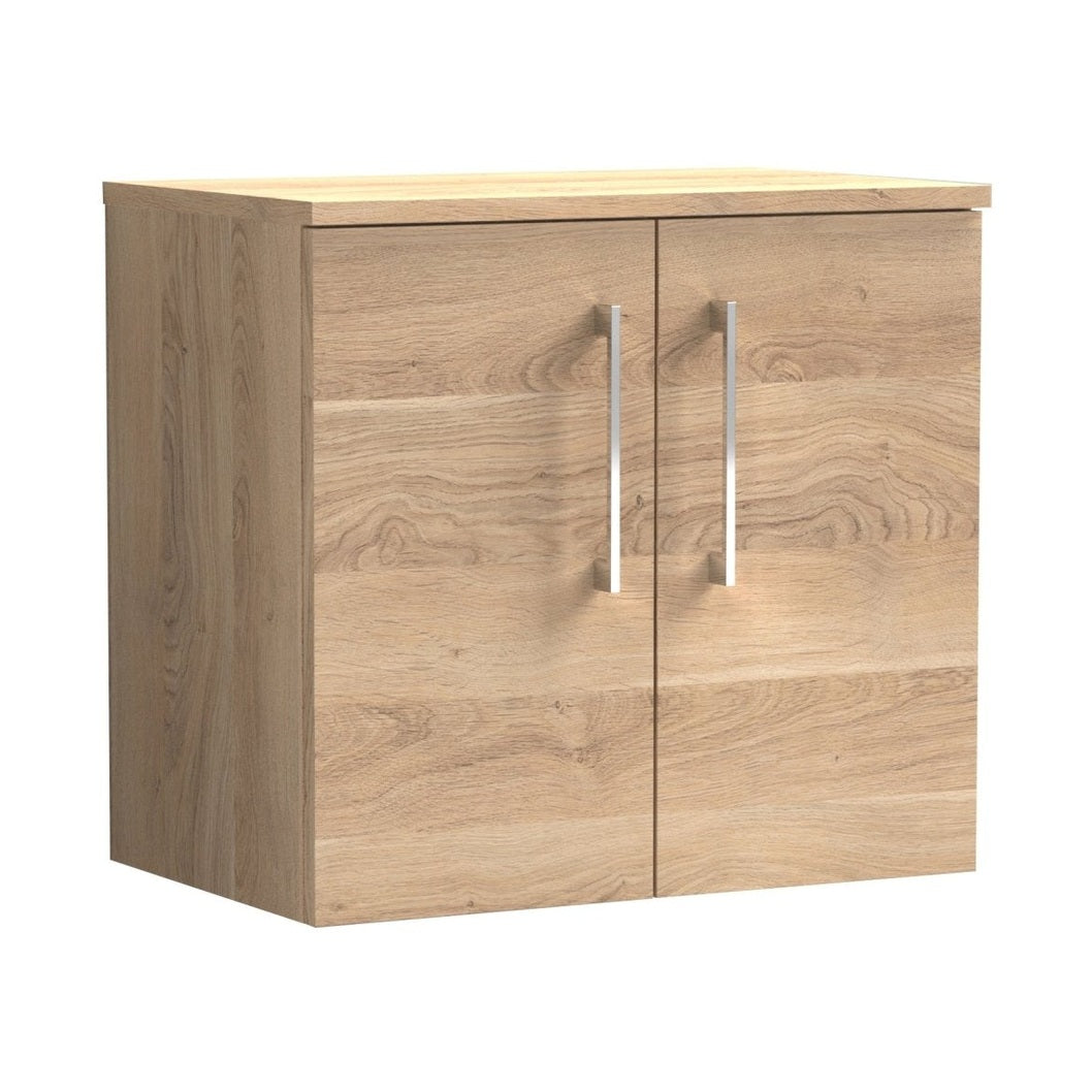 Nuie Arno 600mm Wall Hung 2-door Vanity & Worktop Contemporary Bleached Oak MFC Textured Woodgrain 558x605x390mm - JJ Building Materials