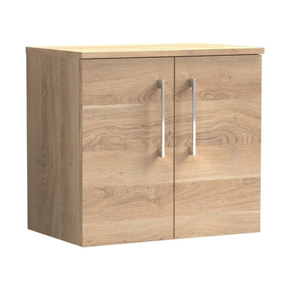 Nuie Arno 600mm Wall Hung 2-door Vanity & Worktop Contemporary Bleached Oak MFC Textured Woodgrain 558x605x390mm - JJ Building Materials
