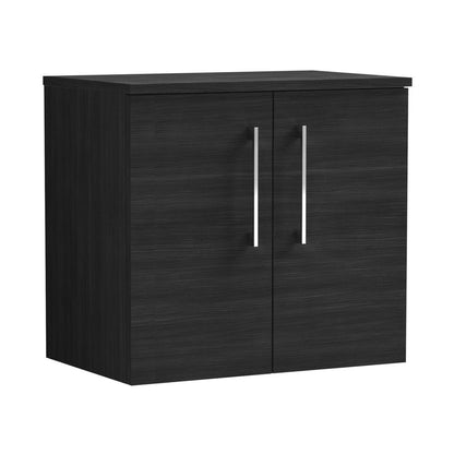 Nuie Arno 600mm Wall Hung 2 Door Vanity & Worktop Contemporary Charcoal Black MFC Textured Woodgrain 557x605x383mm - JJ Building Materials