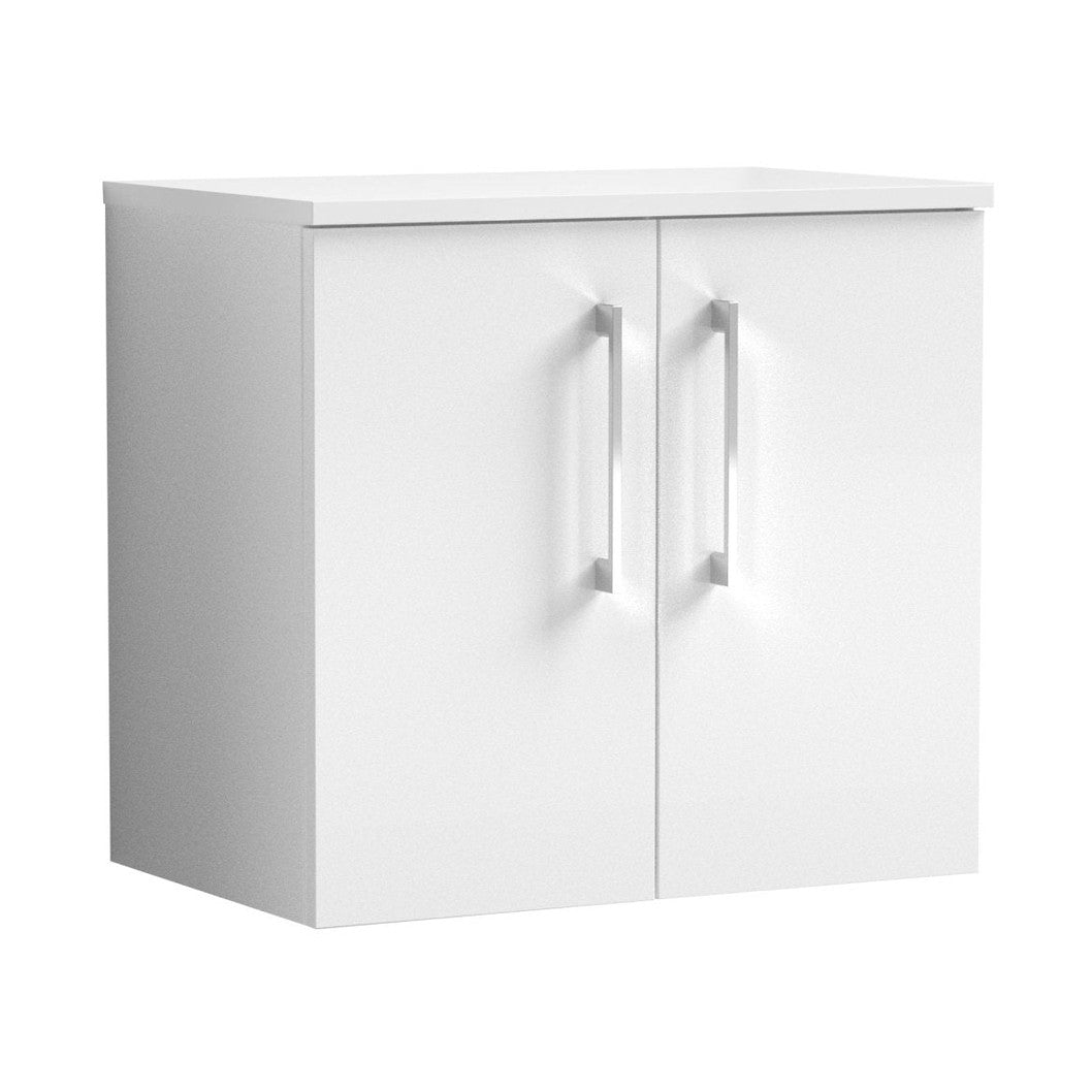Nuie Arno 600mm Wall Hung 2 Door Vanity & Worktop Contemporary Gloss White MFC Painted Gloss 557x600x383mm - JJ Building Materials