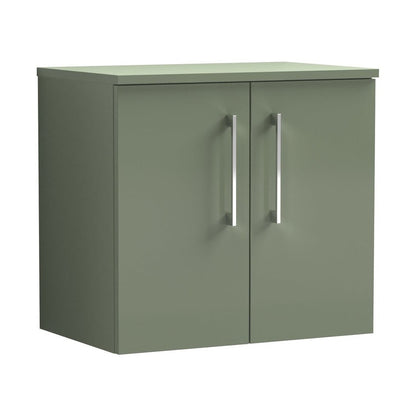 Nuie Arno 600mm Wall Hung 2 Door Vanity & Worktop Contemporary Satin Green MFC Painted Matt 557x605x383mm - JJ Building Materials