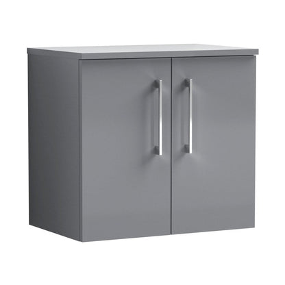 Nuie Arno 600mm Wall Hung 2 Door Vanity & Worktop Contemporary Satin Grey MFC Painted Matt 557x600x383mm - JJ Building Materials