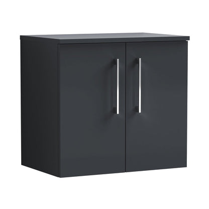 Nuie Arno 600mm Wall Hung 2 Door Vanity & Worktop Contemporary Soft Black MFC Painted Matt 557x600x383mm - JJ Building Materials