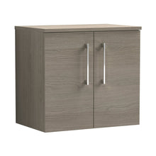 Nuie Arno 600mm Wall Hung 2 Door Vanity & Worktop Contemporary Solace Oak MFC Textured Woodgrain 557x605x383mm - JJ Building Materials