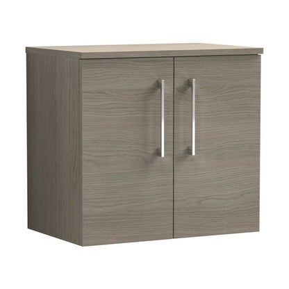 Nuie Arno 600mm Wall Hung 2 Door Vanity & Worktop Contemporary Solace Oak MFC Textured Woodgrain 557x605x383mm - JJ Building Materials