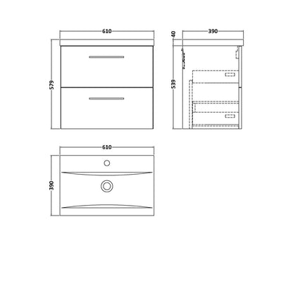 Nuie Arno 600mm Wall Hung 2 Drawer Vanity & Basin 1 Contemporary Anthracite Woodgrain 579x610x390mm - JJ Building Materials