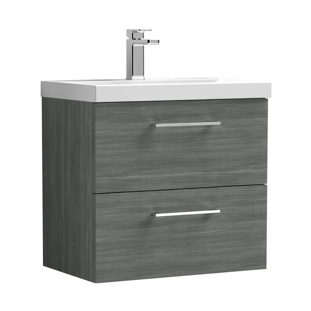 Nuie Arno 600mm Wall Hung 2 Drawer Vanity & Basin 1 Contemporary Anthracite Woodgrain 579x610x390mm - JJ Building Materials