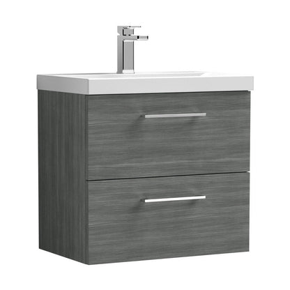 Nuie Arno 600mm Wall Hung 2 Drawer Vanity & Basin 1 Contemporary Anthracite Woodgrain 579x610x390mm - JJ Building Materials