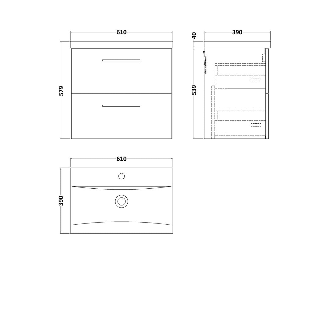 Nuie Arno 600mm Wall Hung 2-drawer Vanity & Basin 1 Contemporary Midnight Blue 580x610x390mm - JJ Building Materials