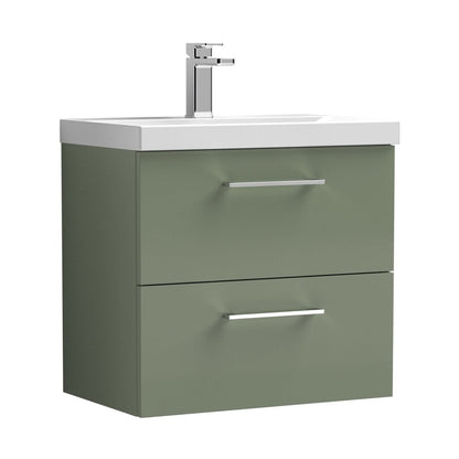 Nuie Arno 600mm Wall Hung 2 Drawer Vanity & Basin 1 Contemporary Satin Green MFC Painted Matt 579x610x390mm - JJ Building Materials