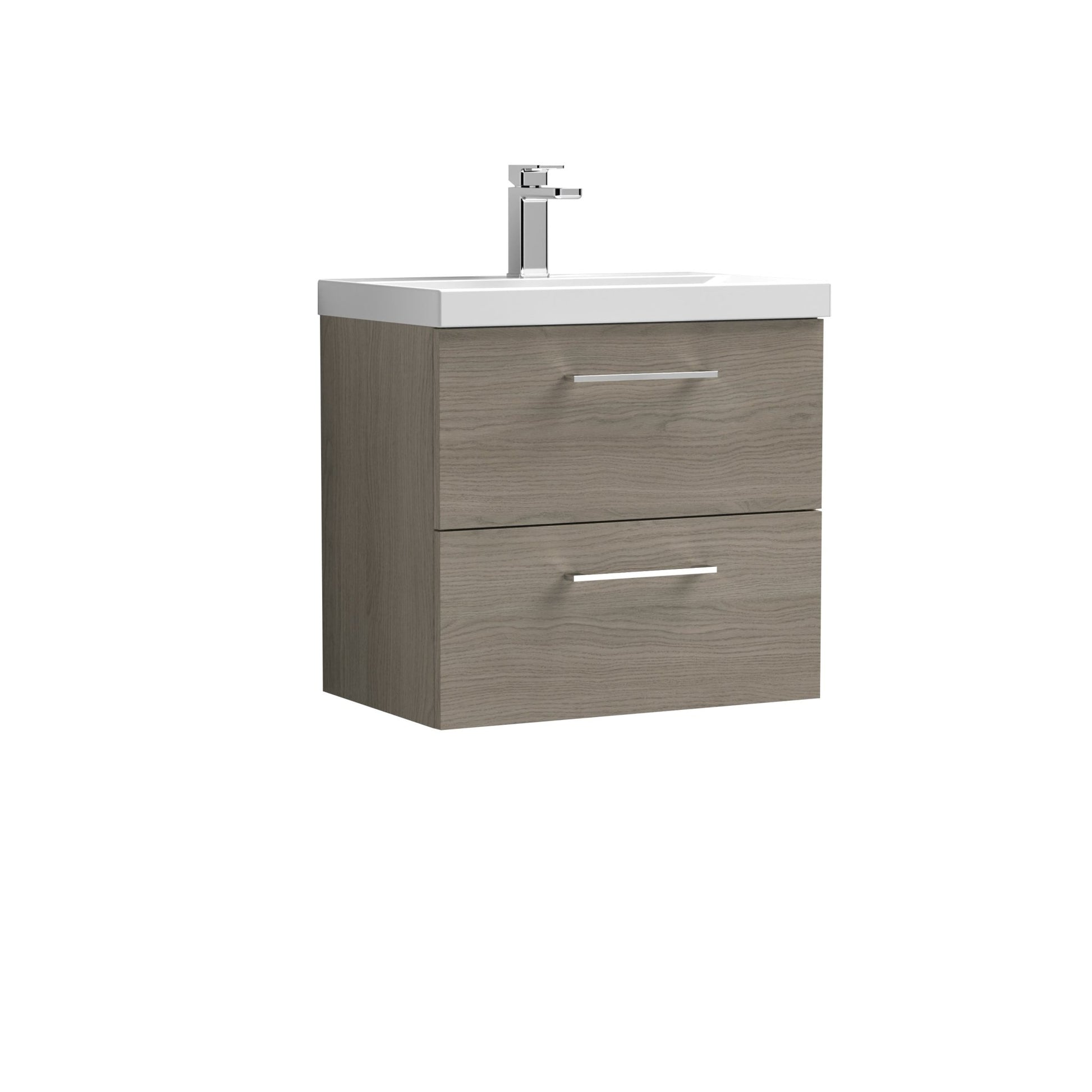 Nuie Arno 600mm Wall Hung 2 Drawer Vanity & Basin 1 Contemporary Solace Oak MFC Textured Woodgrain 579x610x390mm - JJ Building Materials