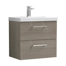 Nuie Arno 600mm Wall Hung 2 Drawer Vanity & Basin 1 Contemporary Solace Oak MFC Textured Woodgrain 579x610x390mm - JJ Building Materials