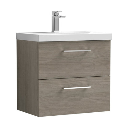 Nuie Arno 600mm Wall Hung 2 Drawer Vanity & Basin 1 Contemporary Solace Oak MFC Textured Woodgrain 579x610x390mm - JJ Building Materials