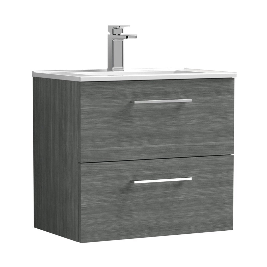 Nuie Arno 600mm Wall Hung 2 Drawer Vanity & Basin 2 Contemporary Anthracite Woodgrain 557x600x390mm - JJ Building Materials