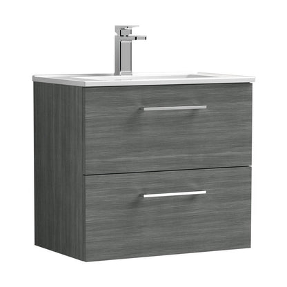 Nuie Arno 600mm Wall Hung 2 Drawer Vanity & Basin 2 Contemporary Anthracite Woodgrain 557x600x390mm - JJ Building Materials