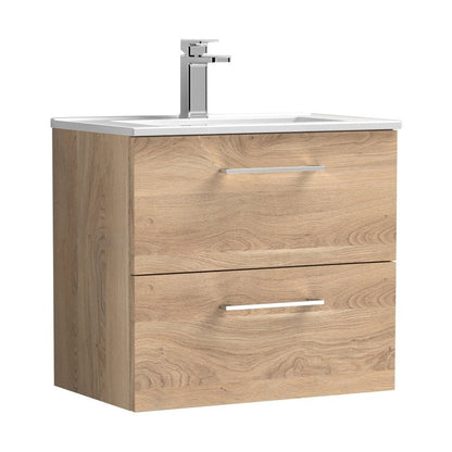 Nuie Arno 600mm Wall Hung 2-drawer Vanity & Basin 2 Contemporary Bleached Oak MFC Textured Woodgrain 558x600x390mm - JJ Building Materials