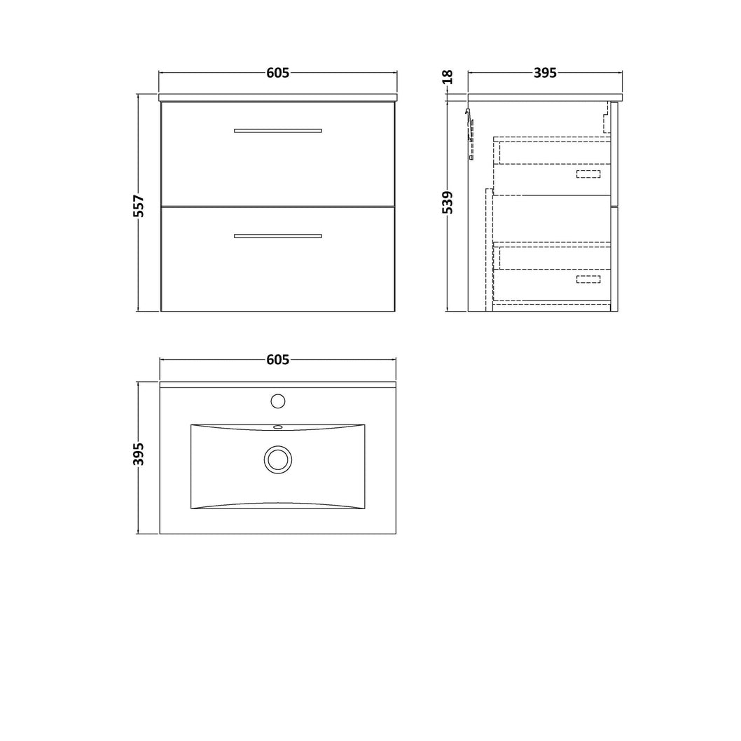 Nuie Arno 600mm Wall Hung 2-drawer Vanity & Basin 2 Contemporary Bleached Oak MFC Textured Woodgrain 558x600x390mm - JJ Building Materials