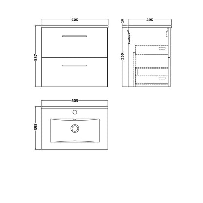 Nuie Arno 600mm Wall Hung 2 Drawer Vanity & Basin 2 Contemporary Charcoal Black 557x600x390mm - JJ Building Materials