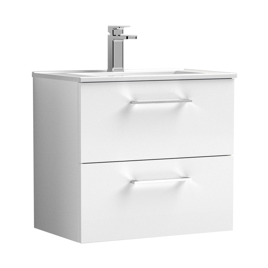 Nuie Arno 600mm Wall Hung 2 Drawer Vanity & Basin 2 Contemporary Gloss White MDF Painted Gloss 557x600x390mm - JJ Building Materials