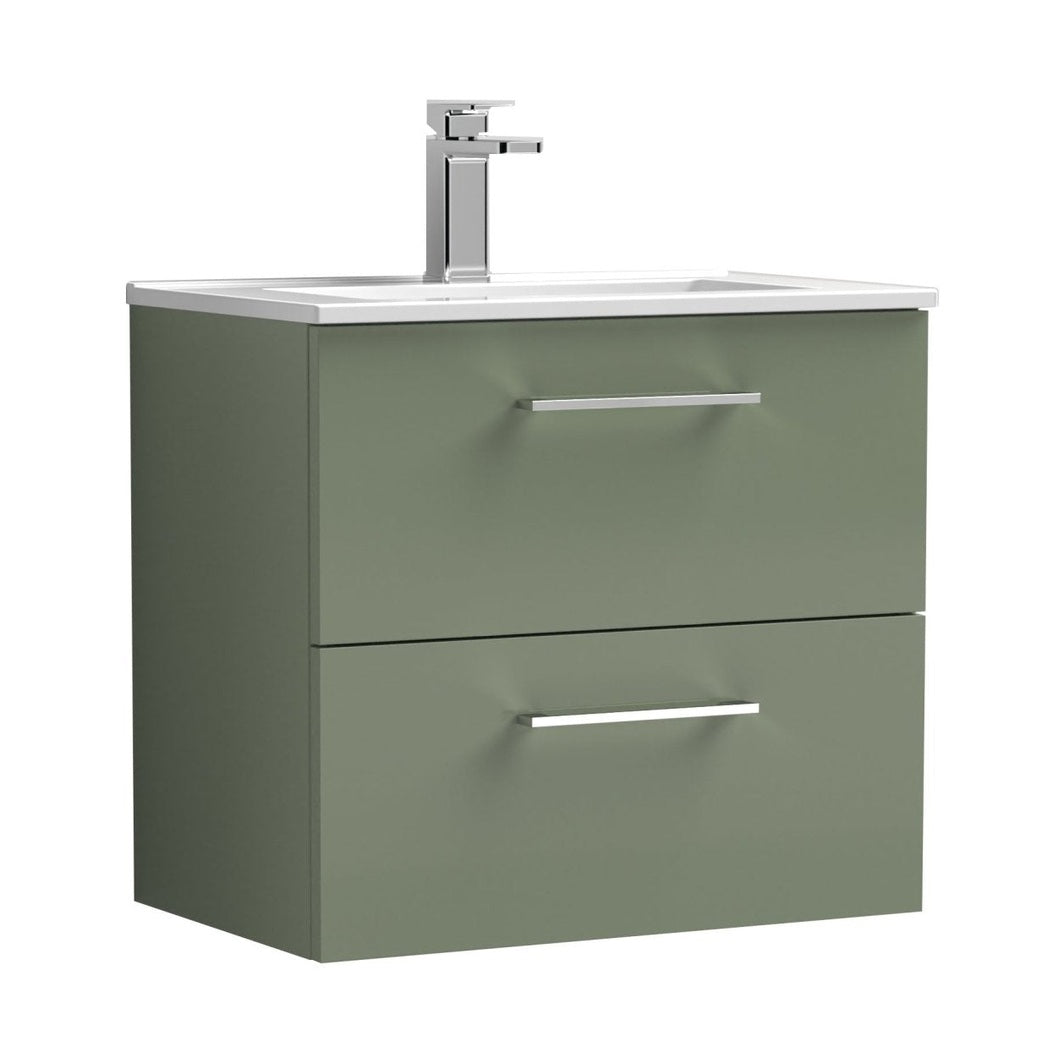 Nuie Arno 600mm Wall Hung 2 Drawer Vanity & Basin 2 Contemporary Satin Green MFC Painted Matt 557x600x390mm - JJ Building Materials