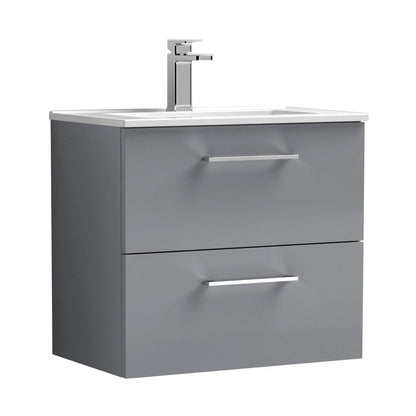 Nuie Arno 600mm Wall Hung 2 Drawer Vanity & Basin 2 Contemporary Satin Grey 554x600x390mm - JJ Building Materials