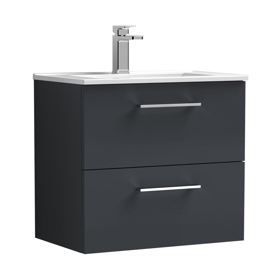 Nuie Arno 600mm Wall Hung 2 Drawer Vanity & Basin 2 Contemporary Soft Black 554x600x390mm - JJ Building Materials