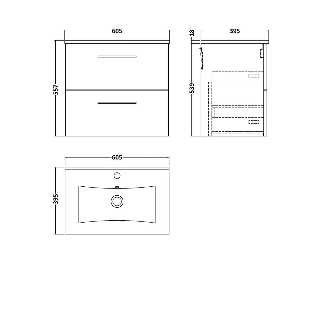 Nuie Arno 600mm Wall Hung 2 Drawer Vanity & Basin 2 Contemporary Solace Oak MFC Textured Woodgrain 557x600x390mm - JJ Building Materials