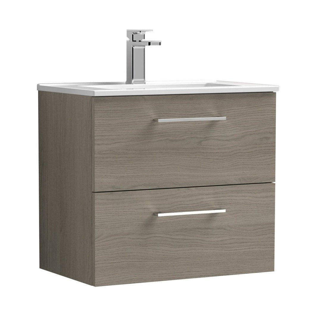Nuie Arno 600mm Wall Hung 2 Drawer Vanity & Basin 2 Contemporary Solace Oak MFC Textured Woodgrain 557x600x390mm - JJ Building Materials