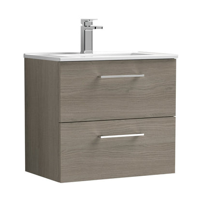 Nuie Arno 600mm Wall Hung 2 Drawer Vanity & Basin 2 Contemporary Solace Oak MFC Textured Woodgrain 557x600x390mm - JJ Building Materials