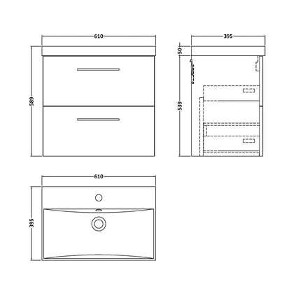 Nuie Arno 600mm Wall Hung 2 Drawer Vanity & Basin 3 Contemporary Anthracite Woodgrain MFC Textured Woodgrain 589x610x395mm - JJ Building Materials