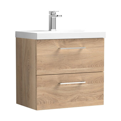 Nuie Arno 600mm Wall Hung 2-drawer Vanity & Basin 3 Contemporary Bleached Oak MFC Textured Woodgrain 590x610x395mm - JJ Building Materials