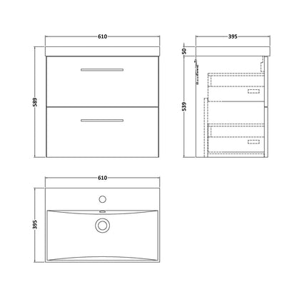 Nuie Arno 600mm Wall Hung 2-drawer Vanity & Basin 3 Contemporary Midnight Blue 590x610x395mm - JJ Building Materials