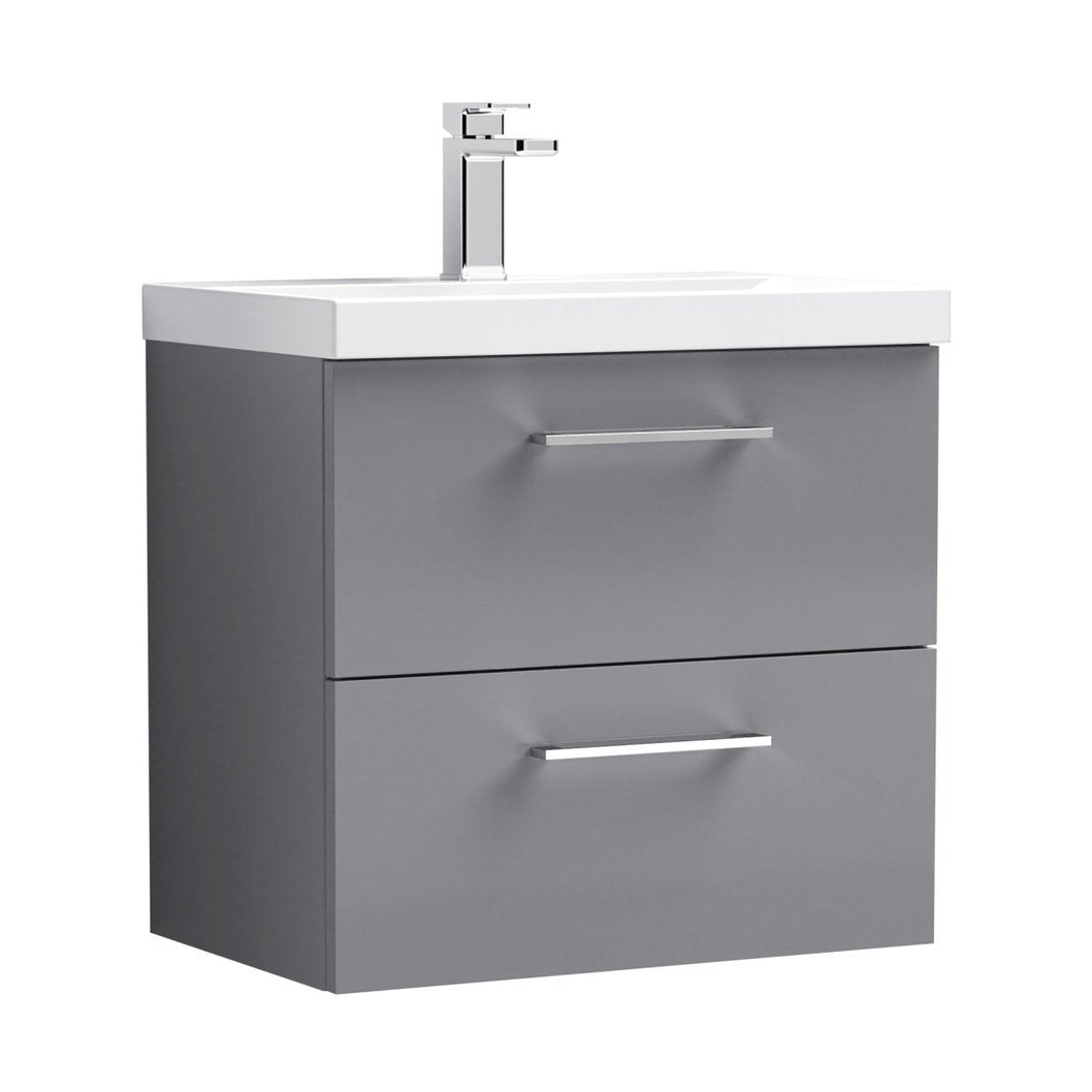 Nuie Arno 600mm Wall Hung 2 Drawer Vanity & Basin 3 Contemporary Satin Grey 589x610x395mm - JJ Building Materials