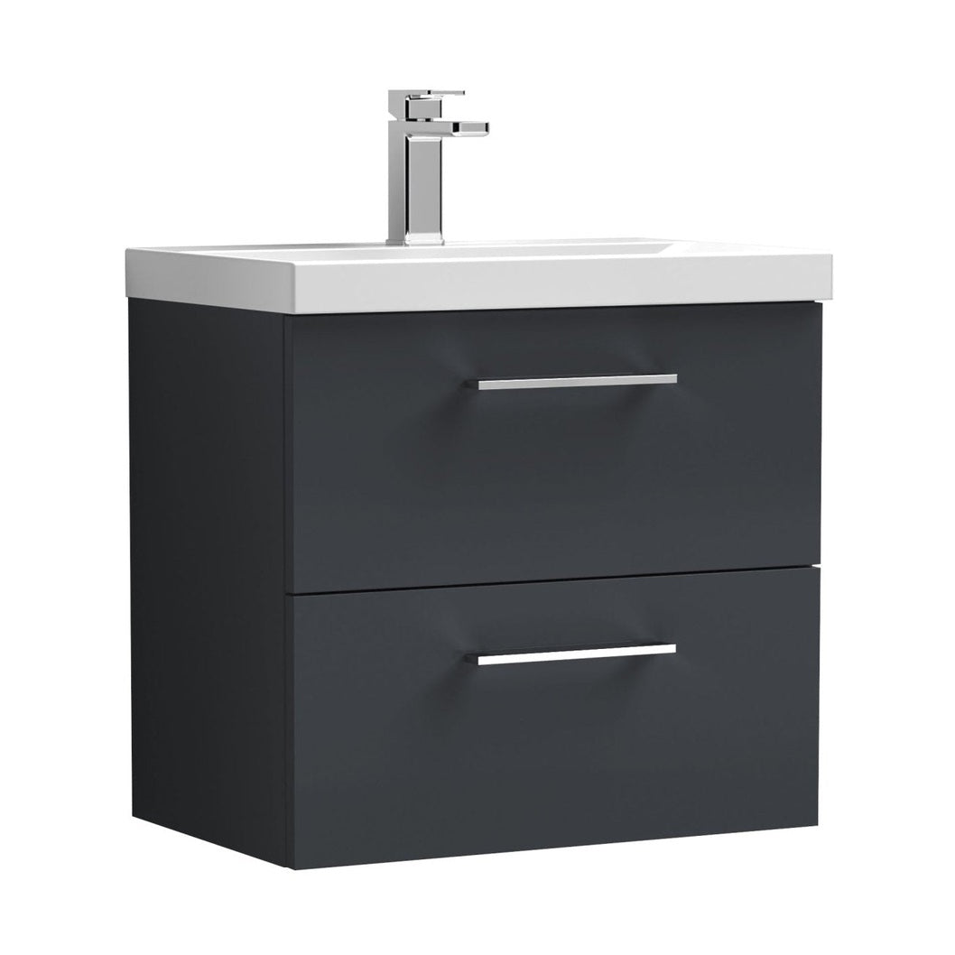 Nuie Arno 600mm Wall Hung 2 Drawer Vanity & Basin 3 Contemporary Soft Black 589x610x395mm - JJ Building Materials