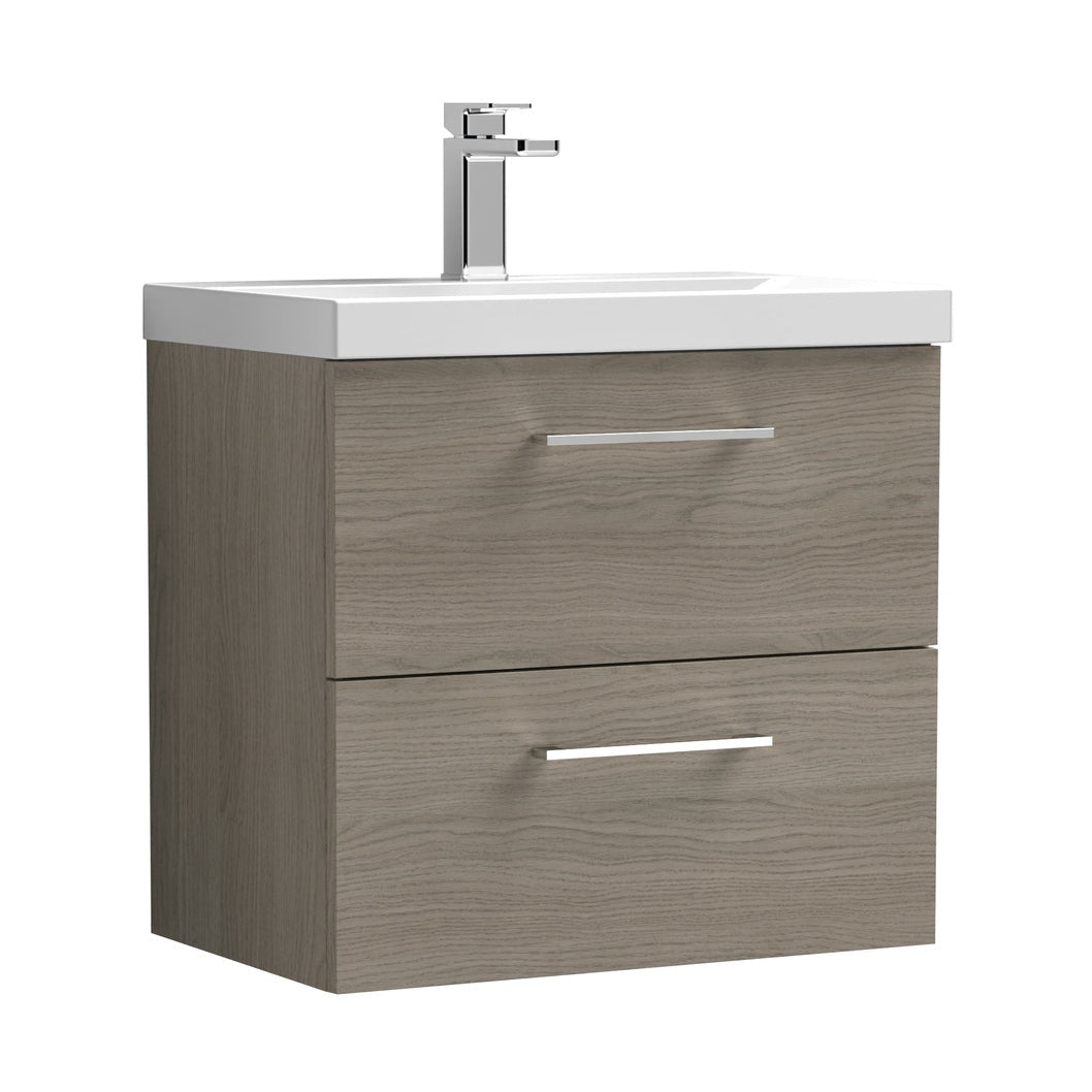 Nuie Arno 600mm Wall Hung 2 Drawer Vanity & Basin 3 Contemporary Solace Oak MFC Textured Woodgrain 589x610x395mm - JJ Building Materials