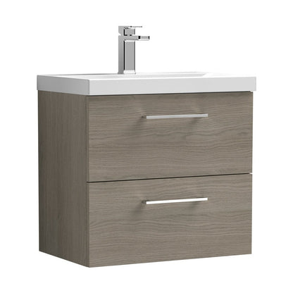Nuie Arno 600mm Wall Hung 2 Drawer Vanity & Basin 3 Contemporary Solace Oak MFC Textured Woodgrain 589x610x395mm - JJ Building Materials