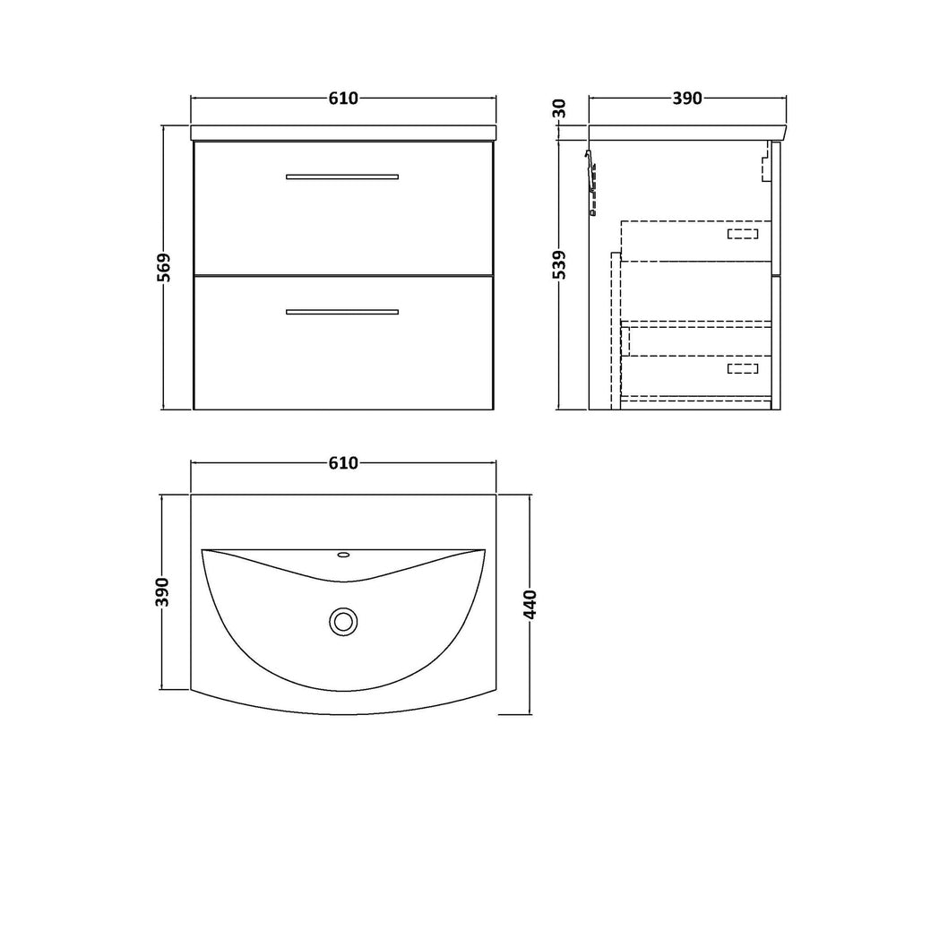 Nuie Arno 600mm Wall Hung 2 Drawer Vanity & Basin 4 Contemporary Anthracite Woodgrain MFC Textured Woodgrain 569x610x440mm - JJ Building Materials