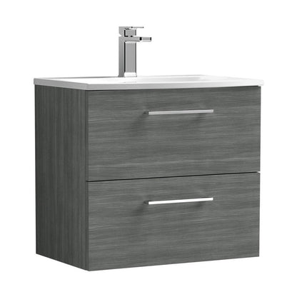 Nuie Arno 600mm Wall Hung 2 Drawer Vanity & Basin 4 Contemporary Anthracite Woodgrain MFC Textured Woodgrain 569x610x440mm - JJ Building Materials