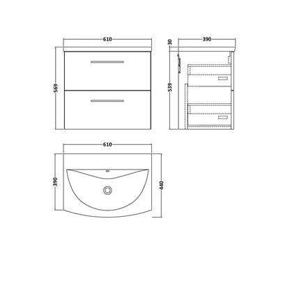Nuie Arno 600mm Wall Hung 2-drawer Vanity & Basin 4 Contemporary Bleached Oak MFC Textured Woodgrain 570x610x440mm - JJ Building Materials