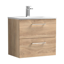 Nuie Arno 600mm Wall Hung 2-drawer Vanity & Basin 4 Contemporary Bleached Oak MFC Textured Woodgrain 570x610x440mm - JJ Building Materials