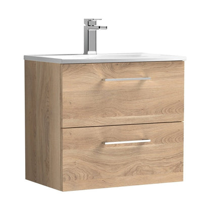 Nuie Arno 600mm Wall Hung 2-drawer Vanity & Basin 4 Contemporary Bleached Oak MFC Textured Woodgrain 570x610x440mm - JJ Building Materials