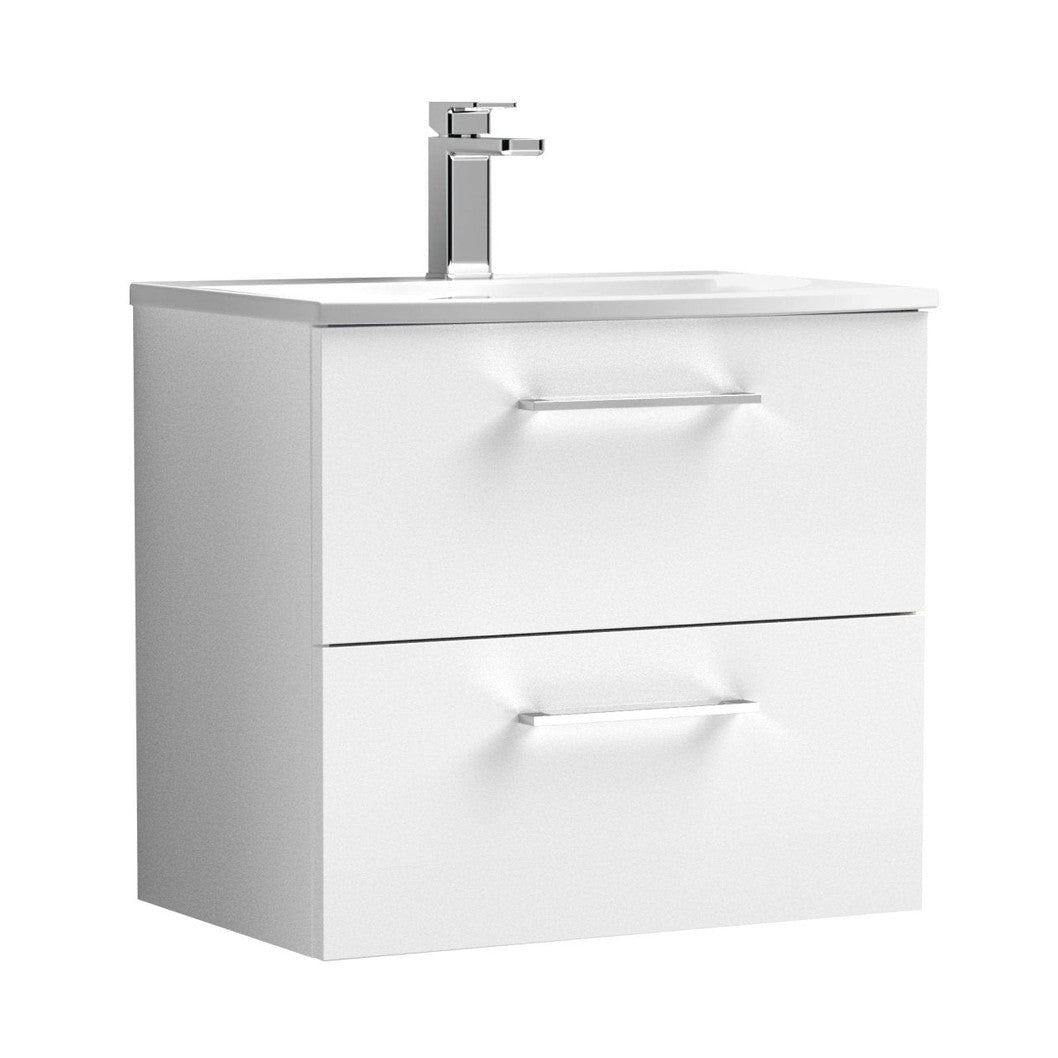 Nuie Arno 600mm Wall Hung 2 Drawer Vanity & Basin 4 Contemporary Gloss White MDF Painted Gloss 569x610x440mm - JJ Building Materials