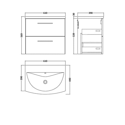 Nuie Arno 600mm Wall Hung 2 Drawer Vanity & Basin 4 Contemporary Gloss White MDF Painted Gloss 569x610x440mm - JJ Building Materials