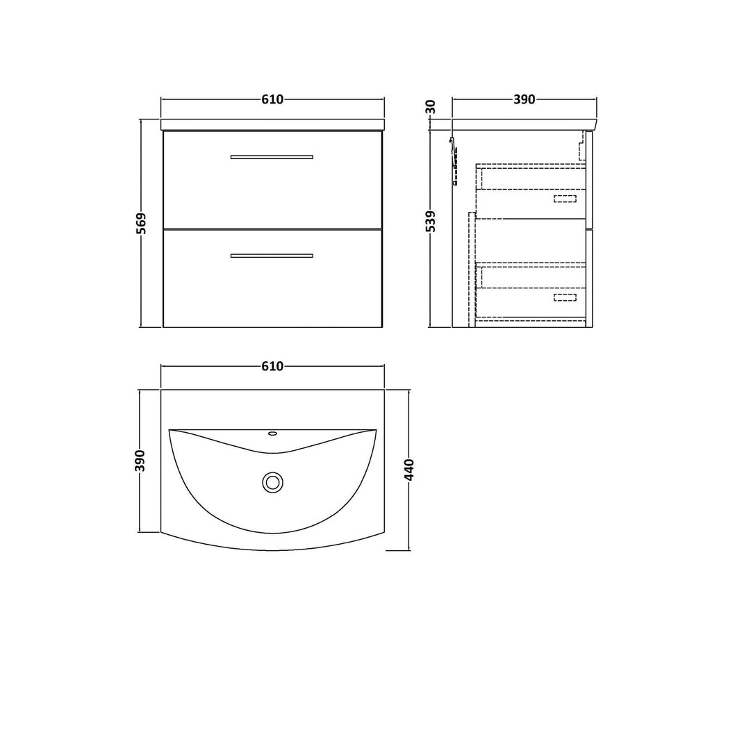 Nuie Arno 600mm Wall Hung 2-drawer Vanity & Basin 4 Contemporary Midnight Blue 570x610x440mm - JJ Building Materials