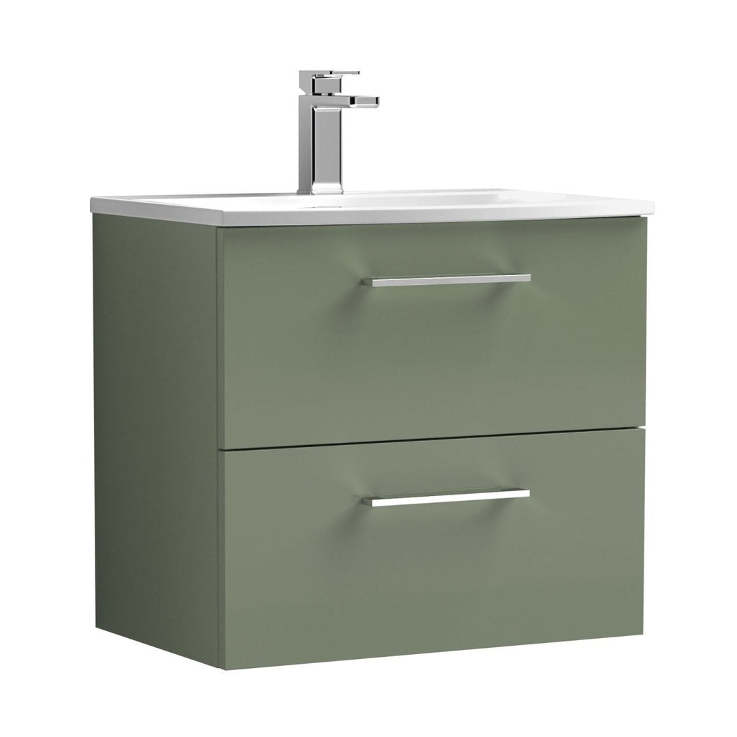 Nuie Arno 600mm Wall Hung 2 Drawer Vanity & Basin 4 Contemporary Satin Green MFC Painted Matt 570x610x440mm - JJ Building Materials