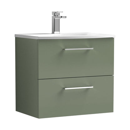 Nuie Arno 600mm Wall Hung 2 Drawer Vanity & Basin 4 Contemporary Satin Green MFC Painted Matt 570x610x440mm - JJ Building Materials