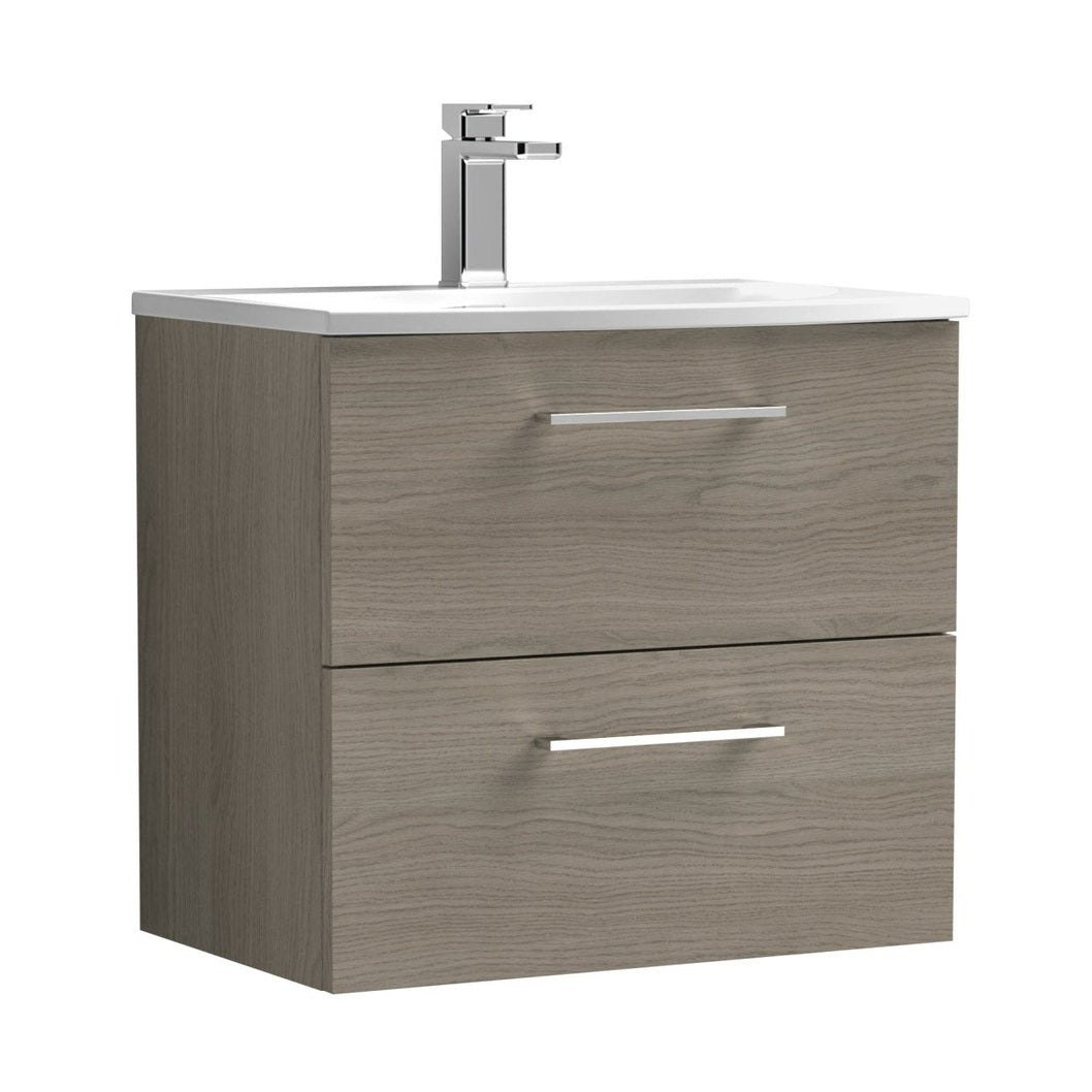 Nuie Arno 600mm Wall Hung 2 Drawer Vanity & Basin 4 Contemporary Solace Oak MFC Textured Woodgrain 569x610x440mm - JJ Building Materials