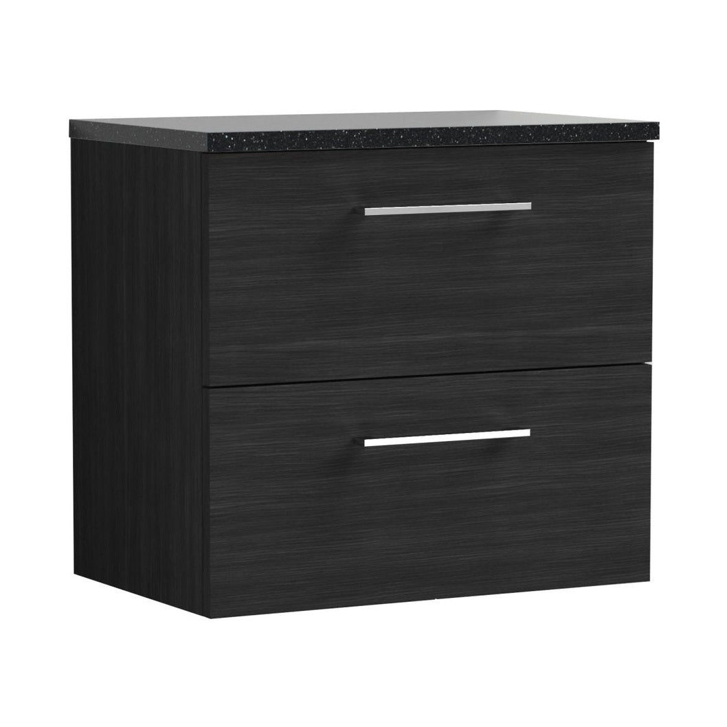 Nuie Arno 600mm Wall Hung 2 Drawer Vanity & Laminate Top Contemporary Charcoal Black MFC Textured Woodgrain 561x605x383mm - ARN624LSB - JJ Building Materials