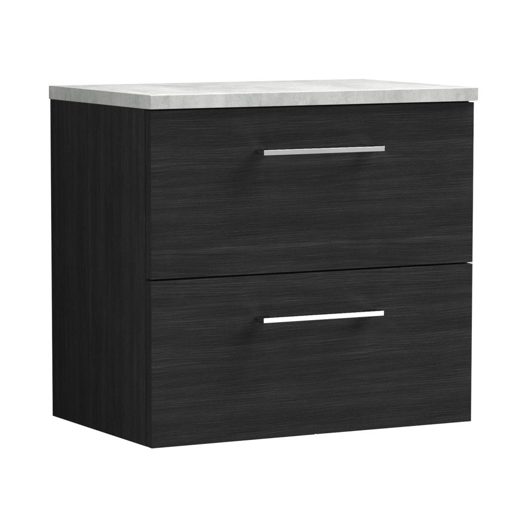 Nuie Arno 600mm Wall Hung 2 Drawer Vanity & Laminate Top Contemporary Charcoal Black MFC Textured Woodgrain 561x605x390mm - JJ Building Materials